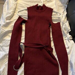 Forever 21 S Maroon Long sleeve open shoulder Slim Fit Dress